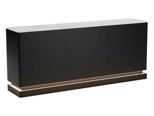 Aparador 3 Portas Com Leds Em Mdf Preto E Efeito Marmore Branco - Devika De Pascal Morabito
