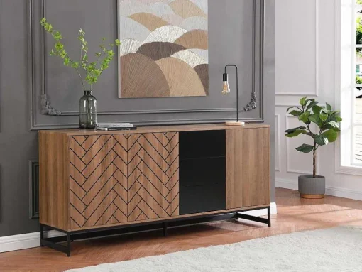 Aparador 3 Portas E 3 Gavetas Em Mdf Cor Natural E Preto - Caratana