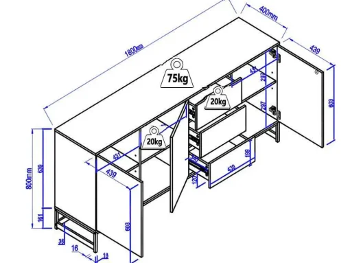 Aparador 3 Portas E 3 Gavetas Em Mdf Cor Natural E Preto - Caratana