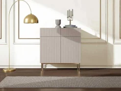 Aparador Alto Com 2 Portas E 2 Gavetas Em Mdf E Aco, Bege E Dourado - Evilana
