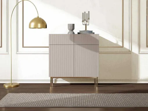 Aparador Alto Com 2 Portas E 2 Gavetas Em Mdf E Aco, Bege E Dourado - Evilana