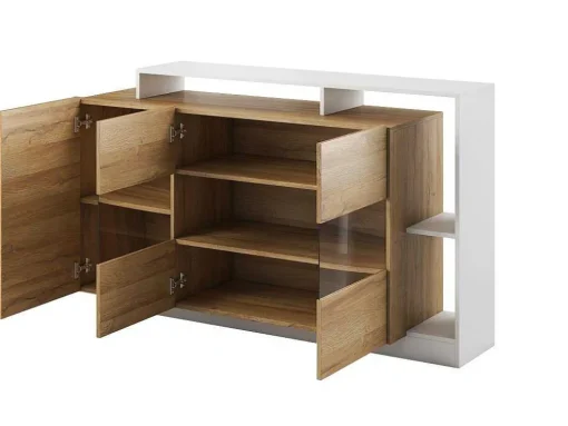 Aparador De 3 Portas E 3 Nichos Com Leds Cor Natural E Branco - Idesia