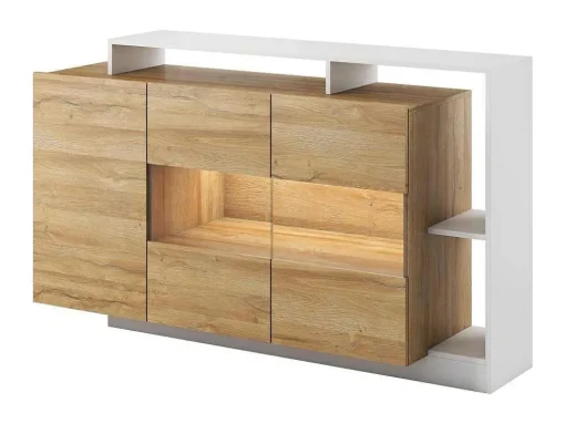 Aparador De 3 Portas E 3 Nichos Com Leds Cor Natural E Branco - Idesia