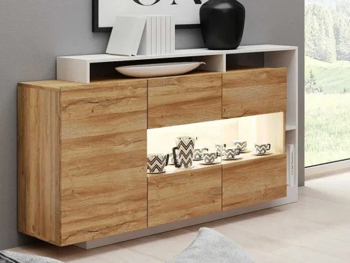 Aparador De 3 Portas E 3 Nichos Com Leds Cor Natural E Branco - Idesia