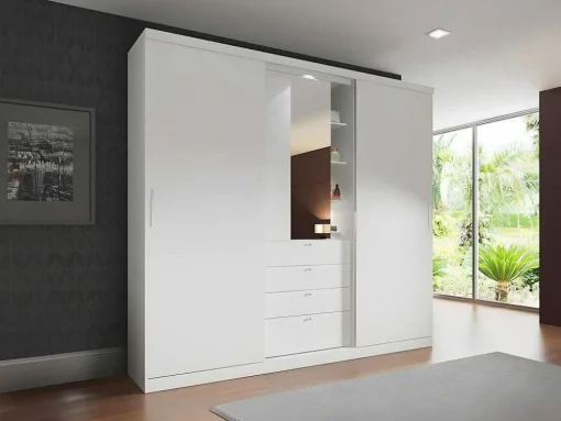 Armário Com Portas Deslizantes Espelho E Gavetas C.240Cm Branco - Bodil