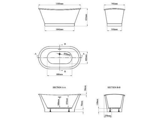 Banheira Clássica Oval Estilo Retro De 180 L, Dimensoes 150 X 74 X 63 Cm Cor Branco Em Acrilico - Pelmato