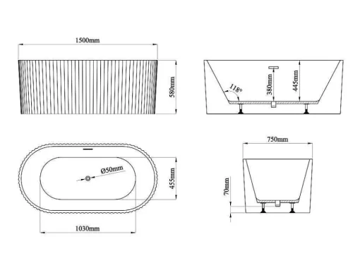 Banheira De Acrilico Estriada, Branco Brilhante, 220 L, 150 X 75 X 58 Cm - Aliena