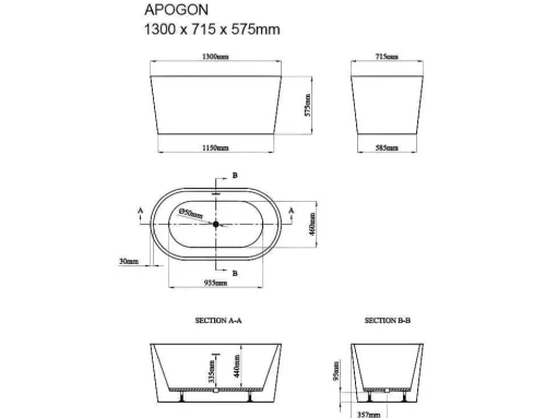 Banheira Oval Clássica, 180 L, 130 X 71 X 58 Cm Acrilico Preto - Apogon