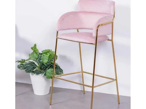 Banqueta De Design Estofada Em Veludo E Pernas Douradas - Cruiser - Rosa