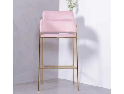 Banqueta De Design Estofada Em Veludo E Pernas Douradas - Cruiser - Rosa