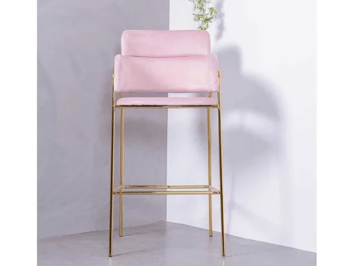 Banqueta De Design Estofada Em Veludo E Pernas Douradas - Cruiser - Rosa