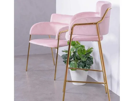 Banqueta De Design Estofada Em Veludo E Pernas Douradas - Cruiser - Rosa