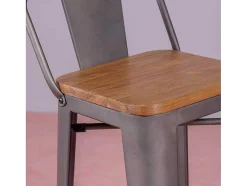 Banqueta Industrial Em Aco Envelhecido Com Encosto Baixo E Assento Em Madeira - Bistro - Antiguidade