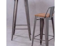 Banqueta Industrial Em Aco Envelhecido Com Encosto Baixo E Assento Em Madeira - Bistro - Antiguidade