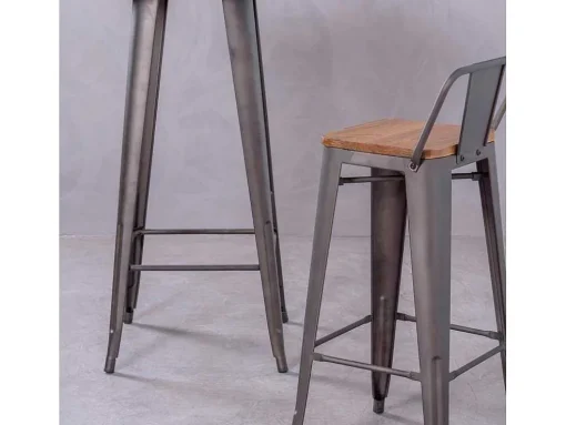Banqueta Industrial Em Aco Envelhecido Com Encosto Baixo E Assento Em Madeira - Bistro - Antiguidade
