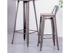 Banqueta Industrial Em Aco Envelhecido Com Encosto Baixo E Assento Em Madeira - Bistro - Antiguidade