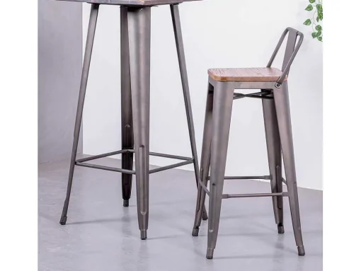 Banqueta Industrial Em Aco Envelhecido Com Encosto Baixo E Assento Em Madeira - Bistro - Antiguidade