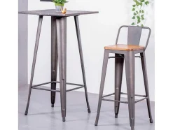 Banqueta Industrial Em Aco Envelhecido Com Encosto Baixo E Assento Em Madeira - Bistro - Antiguidade