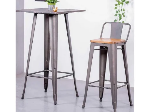 Banqueta Industrial Em Aco Envelhecido Com Encosto Baixo E Assento Em Madeira - Bistro - Antiguidade