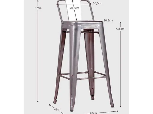 Banqueta Industrial Em Aco Metalizado Com Encosto Baixo (76Cm) - Bistro - Metal