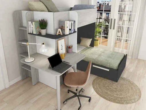 Beliche 2 X 90 X 190 Cm Com Secretária Cinza, Branco E Preto - Samuel