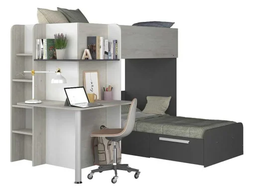 Beliche 2 X 90 X 190 Cm Com Secretária Cinza, Branco E Preto - Samuel