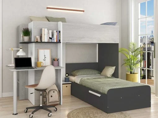 Beliche 2 X 90 X 190 Cm Com Secretária Cinza, Branco E Preto - Samuel