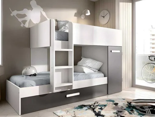 Beliche Com Gaveta Cama Dupla E Com Espacos De Arrumação 3X90X190 Cm Cor Antracite E Branco - Anthony