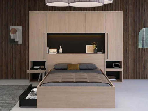 Cabeceira De Cama Com Guarda-Roupa E Com Leds De C265 Cm Cor Natural E Preto - Velona