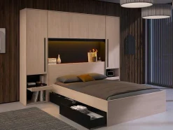 Cabeceira De Cama Com Guarda-Roupa E Com Leds De C265 Cm Cor Natural E Preto - Velona
