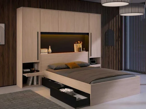 Cabeceira De Cama Com Guarda-Roupa E Com Leds De C265 Cm Cor Natural E Preto - Velona