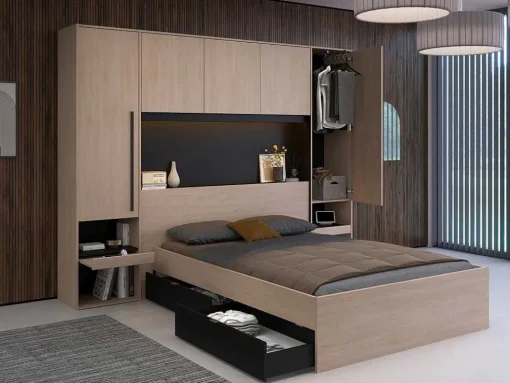 Cabeceira De Cama Com Guarda-Roupa E Com Leds De C265 Cm Cor Natural E Preto - Velona