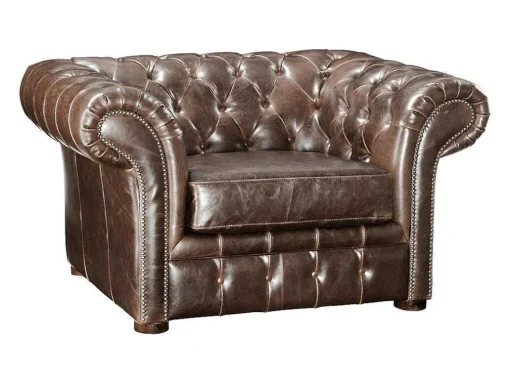 Cadeirão 100% Pele Envelhecida Castanho Estilo Chesterfield - Clotaire