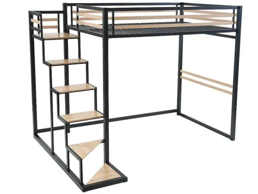 Cama Alta 140 X 200 Cm Metal E Mdf Preto E Carvalho + Colchão + Edredão + Almofadas - Jogui