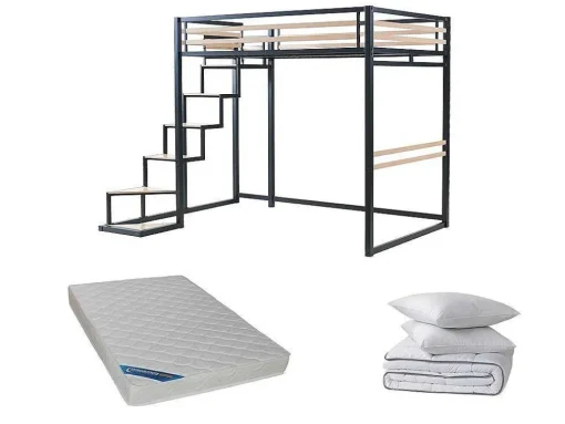 Cama Alta 140 X 200 Cm Metal E Mdf Preto E Carvalho + Colchão + Edredão + Almofadas - Jogui