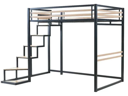 Cama Alta 140 X 200 Cm Metal E Mdf Preto E Carvalho + Colchão + Edredão + Almofadas - Jogui