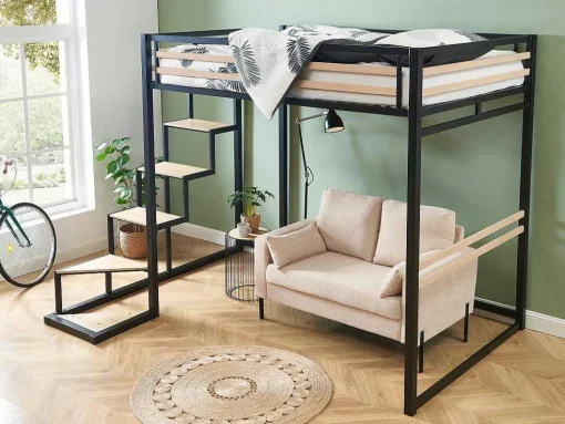 Cama Alta 140 X 200 Cm Metal E Mdf Preto E Carvalho + Colchão + Edredão + Almofadas - Jogui