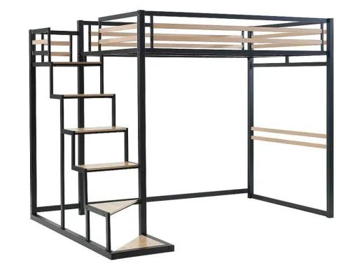 Cama Alta 140 X 200 Cm Metal E Mdf Preto E Carvalho + Colchão + Edredão + Almofadas - Jogui