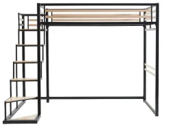 Cama Alta 140 X 200 Cm Metal E Mdf Preto E Carvalho + Colchão + Edredão + Almofadas - Jogui