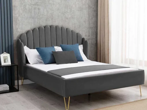 Cama Com Cabeceira De Cama Ondulada De 160 X 200 Cm Em Veludo Cor Cinza - Sagali