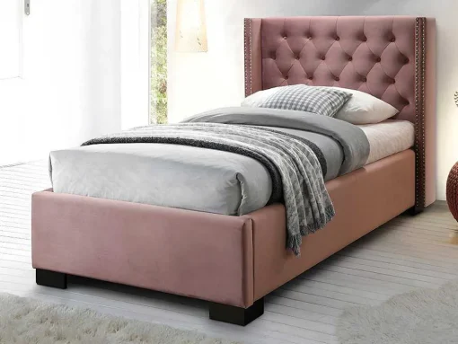 Cama Com Cabeceira De Cama Acolchoada 90 X 200 Cm Veludo Cor-De-Rosa + Colchão - Massimo Ii
