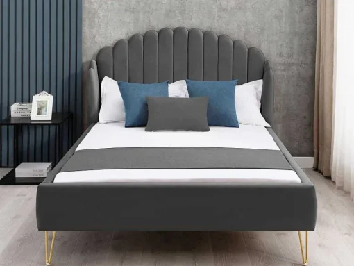 Cama Com Cabeceira De Cama Ondulada De 160 X 200 Cm Em Veludo Cor Cinza - Sagali