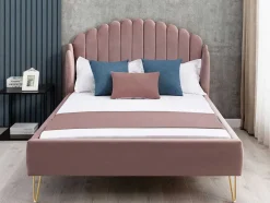 Cama Com Cabeceira De Cama Ondulada De 140 X 190 Cm Em Veludo Cor-De-Rosa Velho - Sagali