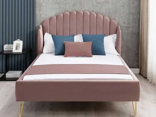 Cama Com Cabeceira De Cama Ondulada De 140 X 190 Cm Em Veludo Cor-De-Rosa Velho - Sagali