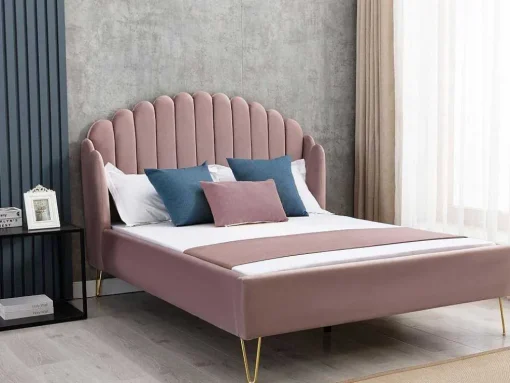 Cama Com Cabeceira De Cama Ondulada De 140 X 190 Cm Em Veludo Cor-De-Rosa Velho - Sagali