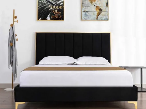 Cama Com Cabeceira De Cama Com Costuras Verticais De 160 X 200 Cm Em Veludo Cor Preto E Dourado - Clarisse