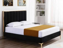 Cama Com Cabeceira De Cama Com Costuras Verticais De 160 X 200 Cm Em Veludo Cor Preto E Dourado - Clarisse