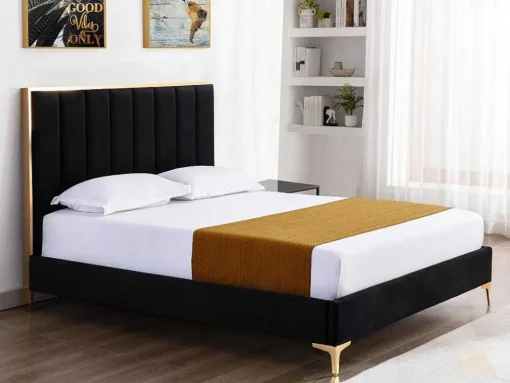 Cama Com Cabeceira De Cama Com Costuras Verticais De 160 X 200 Cm Em Veludo Cor Preto E Dourado - Clarisse