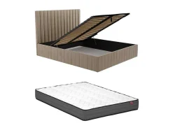 Cama Com Espaco De Arrumação 140 X 190 Cm Com Cabeceira De Cama Costuras Verticais Veludo Taupe + Colchão - Larali