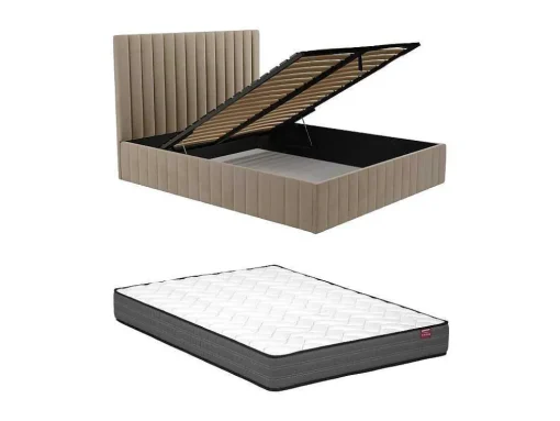 Cama Com Espaco De Arrumação 140 X 190 Cm Com Cabeceira De Cama Costuras Verticais Veludo Taupe + Colchão - Larali
